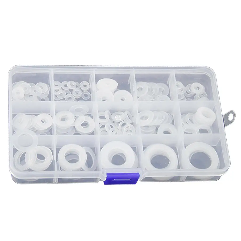 250pcs White Nylon Plastic Washer Flat Gasket Ring Set with Assortment Box