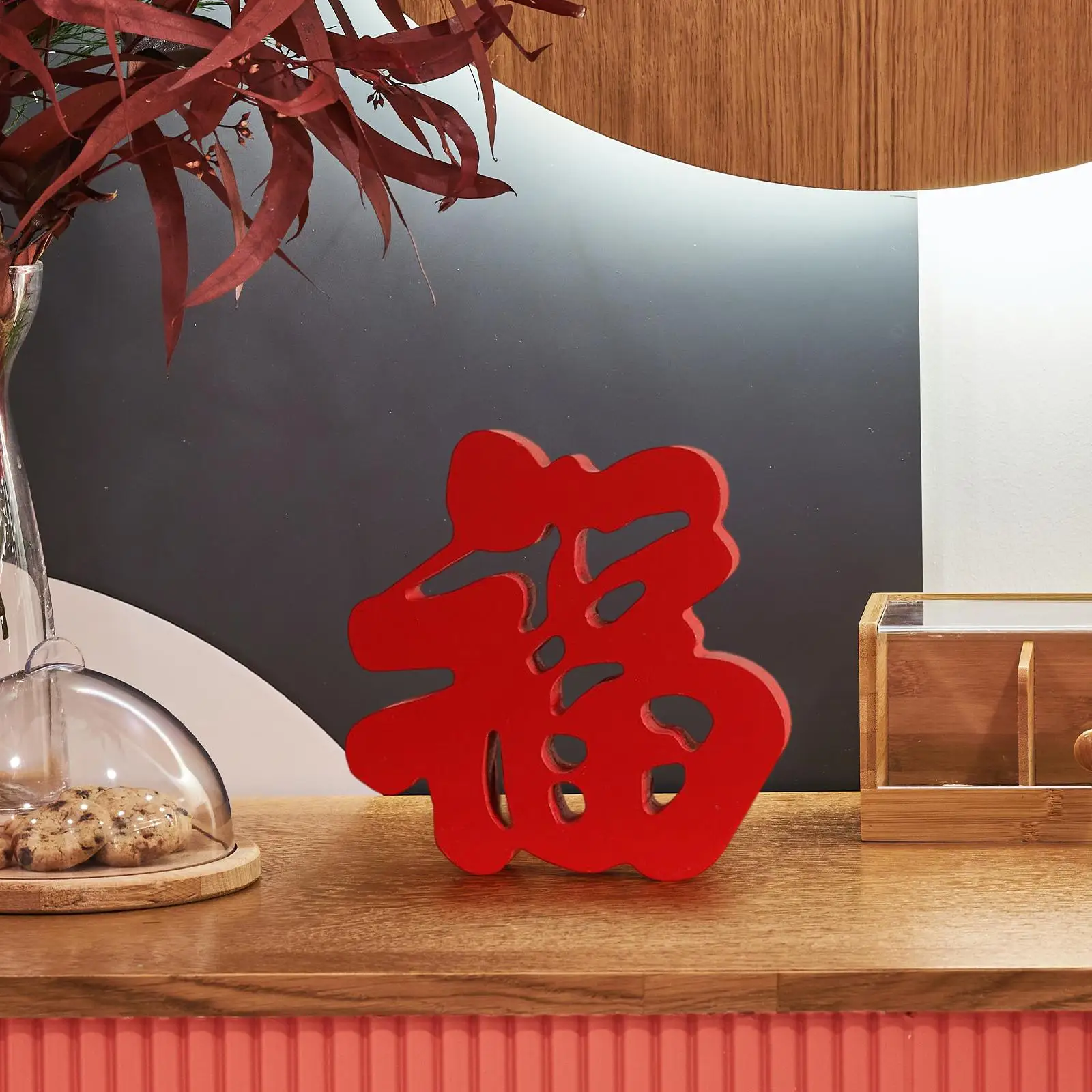 Festival Chinese Happiness Decoration Desk Statues Wood Sculpture Red Fu Character for Home Entrance Decor Housewarming Gifts