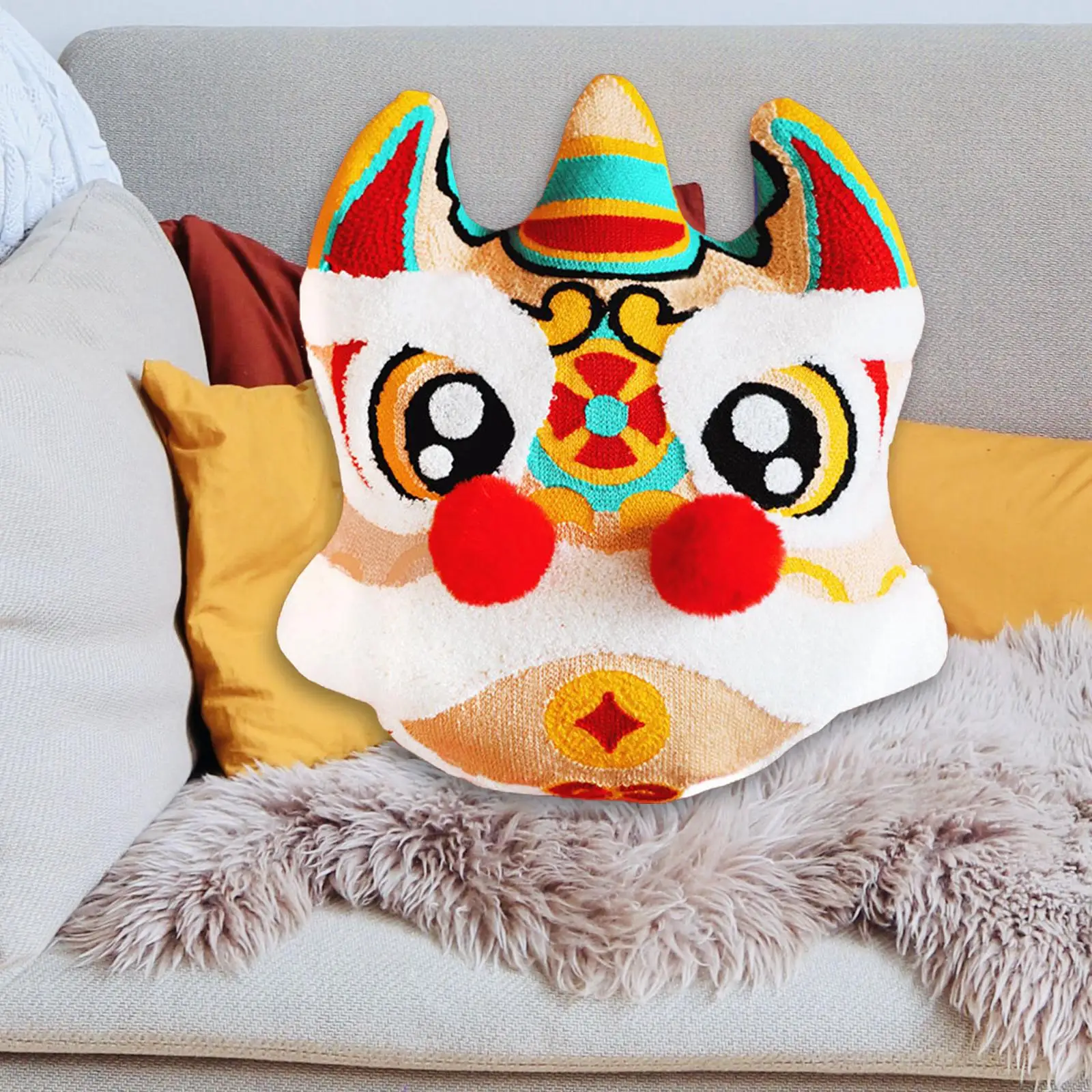 3D Lion Embroidered Pillow Case Oriental Pillowcase Chinese New Year Cushion Cover for Spring Festival Chair Sofa Decoration