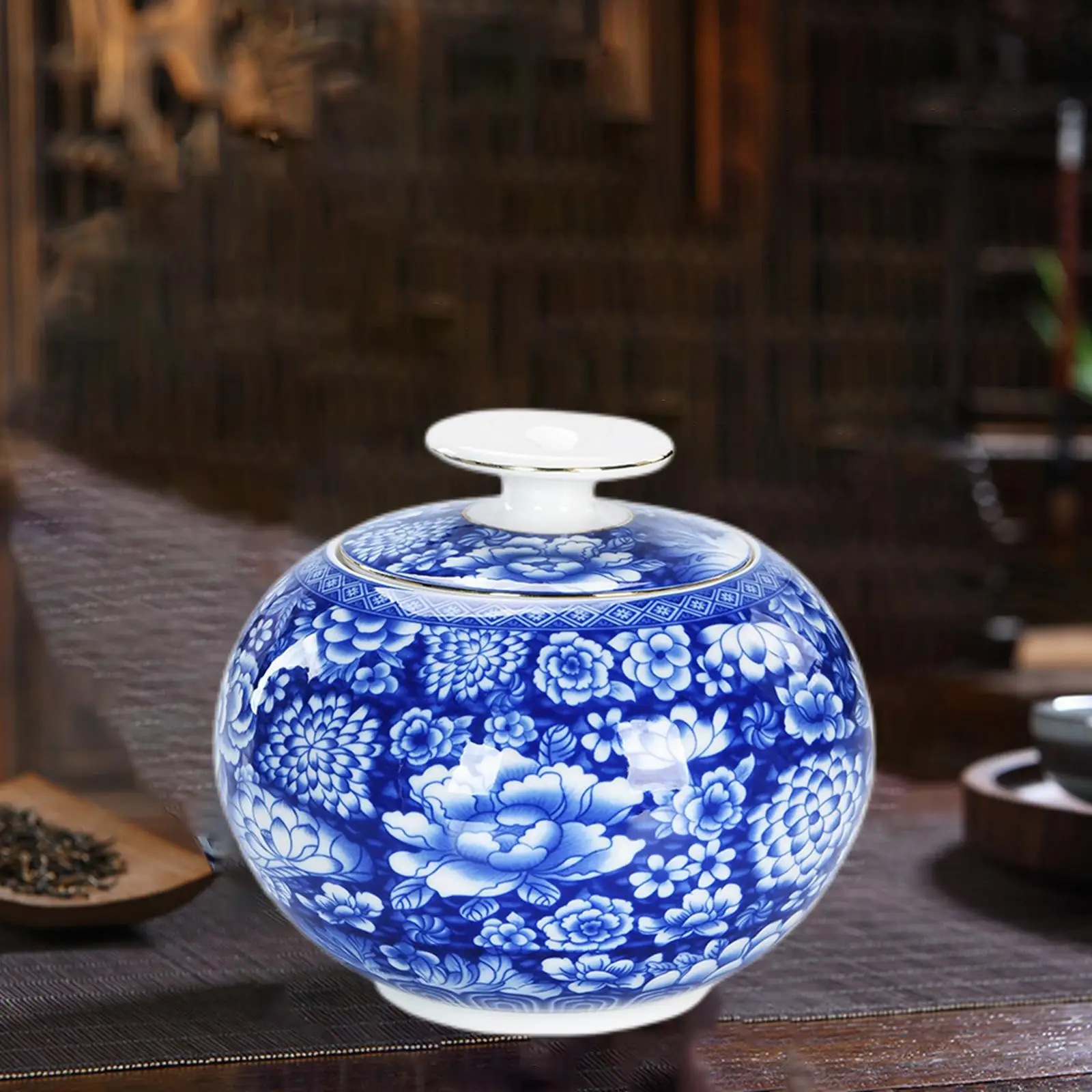 Vintage Style Porcelain Decorative Globe Jars Tea Storage, Display Unit Asian Decor Glazed Storage Box 