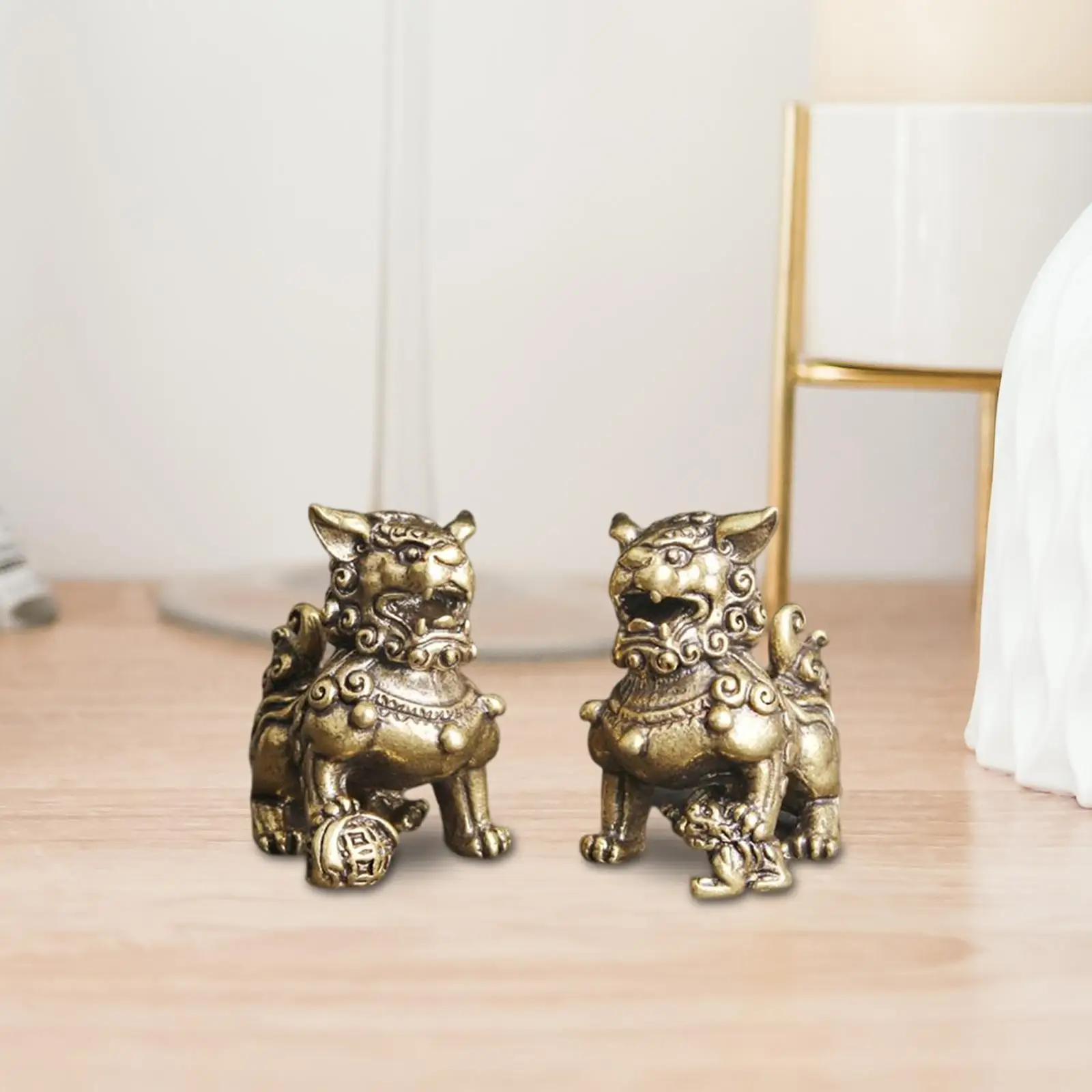 Golden Lion Sculpture Feng Shui Decor Figurine Set Collectibles Collectable Tabletop Wealth Lion Sculpture for Office