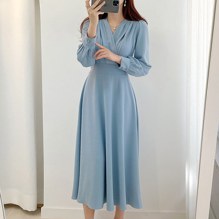 Jielur Harajuku V-neck Puff Sleeve A-line Maxi Dress Woman Solid Color Midi Robe Korean Office Dresses Elegant Spring Dress Lady