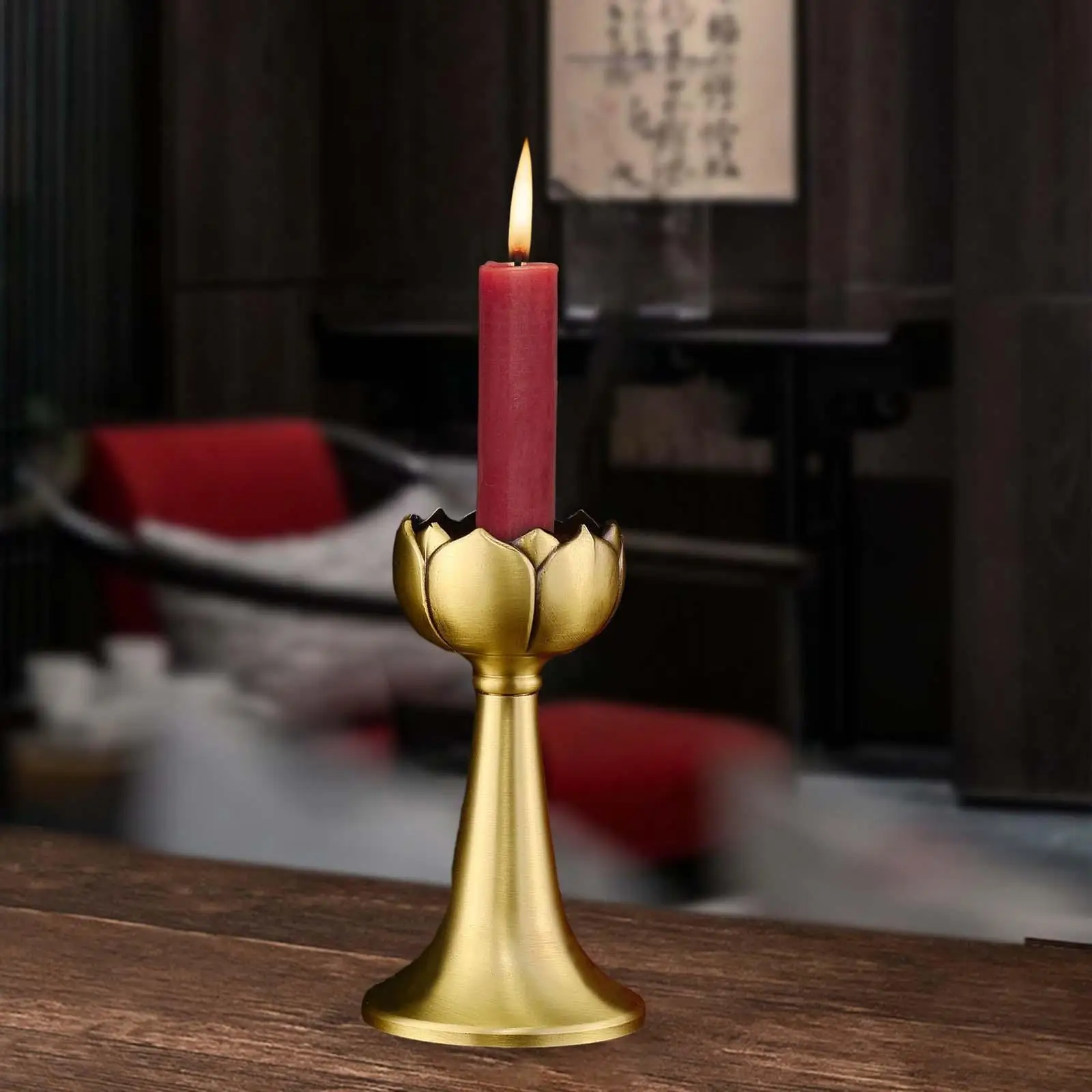 Brass Lotus Candle Holder Candlestick Holder Height 12.5cm Desk Ornament for Meditation and Relaxation Retro Style Durable