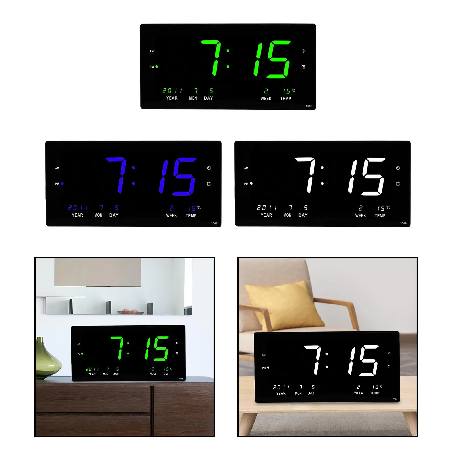 Large Digital Wall Clock Indoor Temperature Modern Calendar Desk Clocks for Study Room Classroom Dining Room Office Living Room