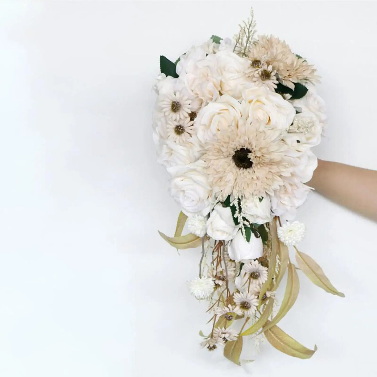 Romantic Bridal Bouquets Cream Color Rose, Sunflowers, Daisy and Leaves Artificial Flowers for Wedding Church Bridal Shower