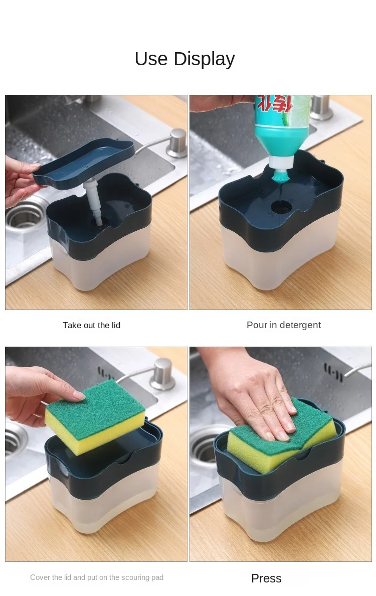 conjunto de dispensador detergente portátil para cozinha prato caixa sabão com esponja titular mão imprensa ferramentas dispensação líquida