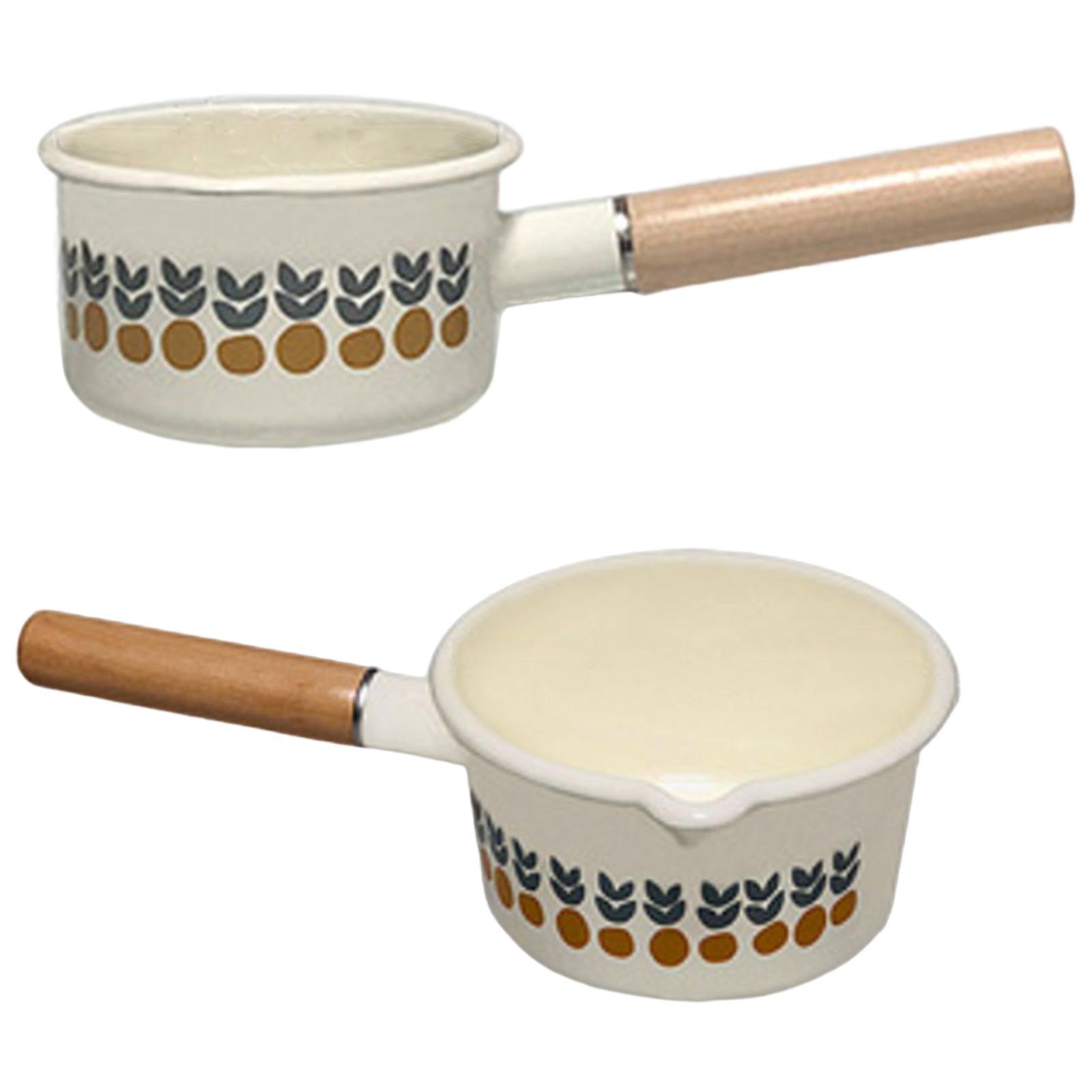 Enamel Milk Pot with Pour Spout Cooking Saucepan with Wooden Handle Butter Warmer for Soup Milk Heating Instant Noodle Gas Stove