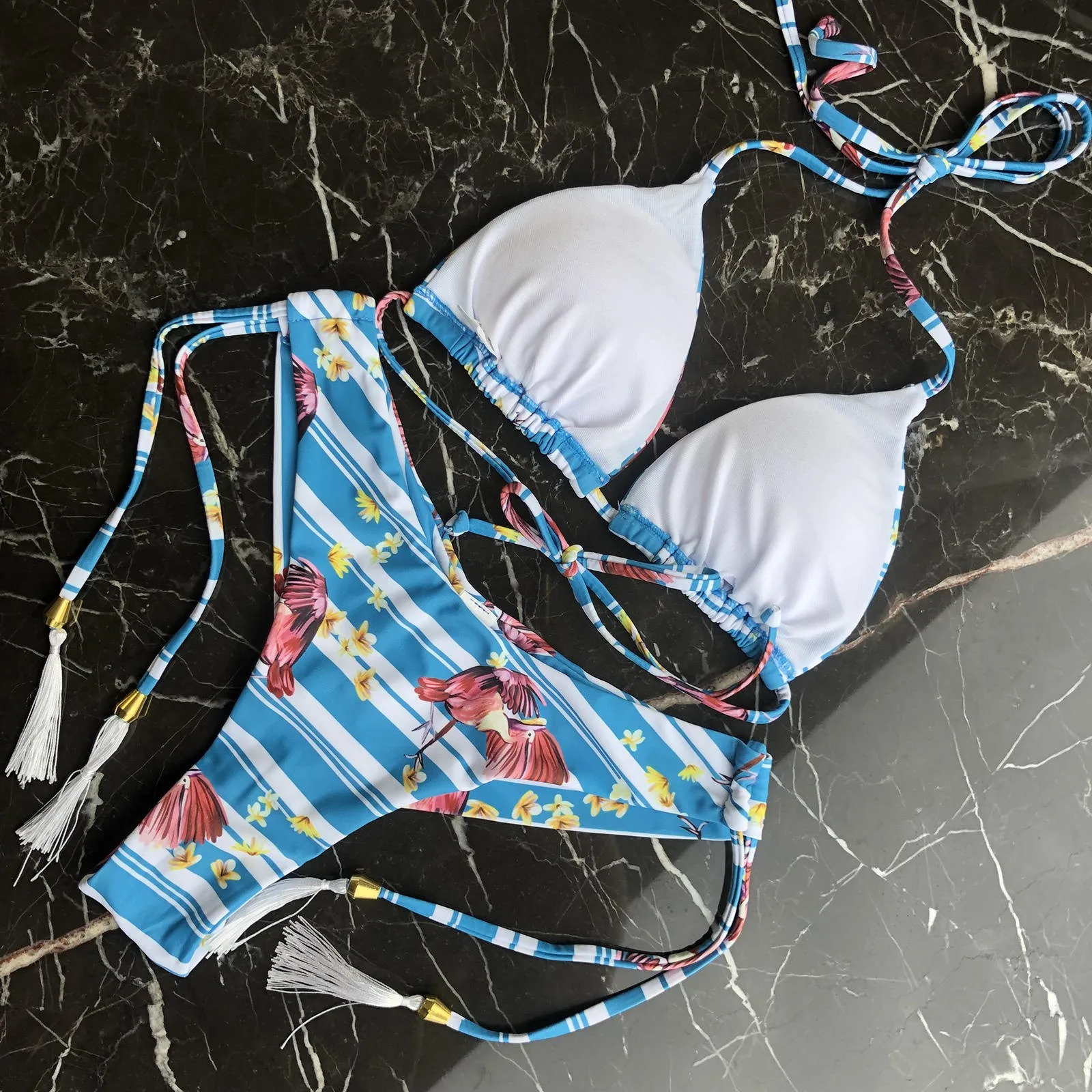 bikini set for beach 2022 Halter Bikini Set Ribbed Swimsuit Women Folds Bathing Suit High Cut Solid Bandage Swimwear Female Bather Bathing Suit bathing suits