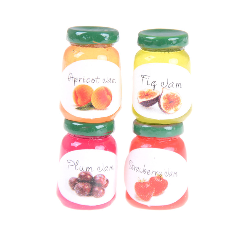 4Pcs 1:12 Dollhouse Miniatures Jams Bottles Model Kicthen Food Accessories For Doll House Decor Kids Pretend Play Toys Gift