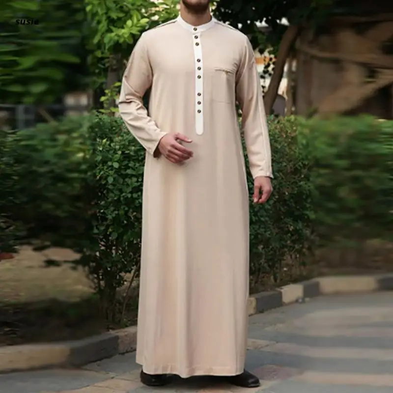 Muslim Robe White Yellow Men Caftan Long Sleeve Round Button Muslim Clothing Breathable Eid Middle East Jubba Thobe Gift