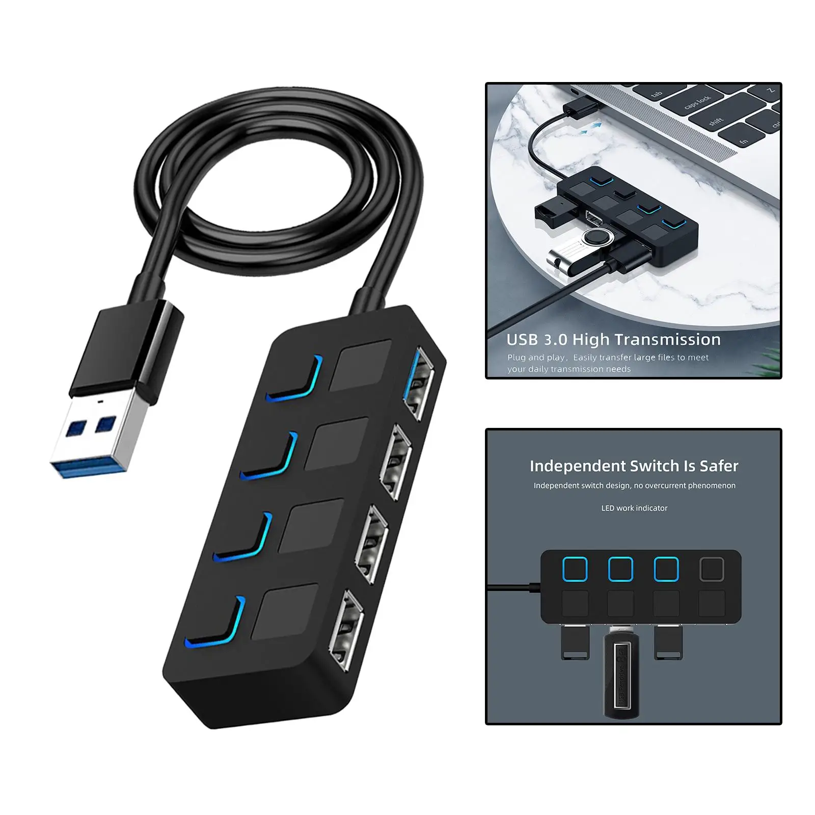 4 Port USB 3.0 Hub, with Extended Cable Compact Data USB Hub for Mobile HDD PC for Surface Pro (Charging Not Supported)