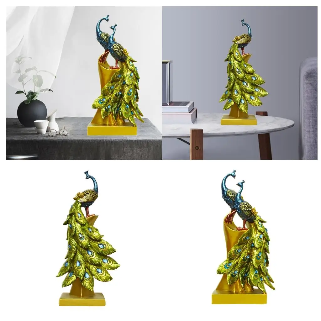 2x Chic Resin Peacock Figurine Sculpture Decorative Ornament Bookshelf Decor