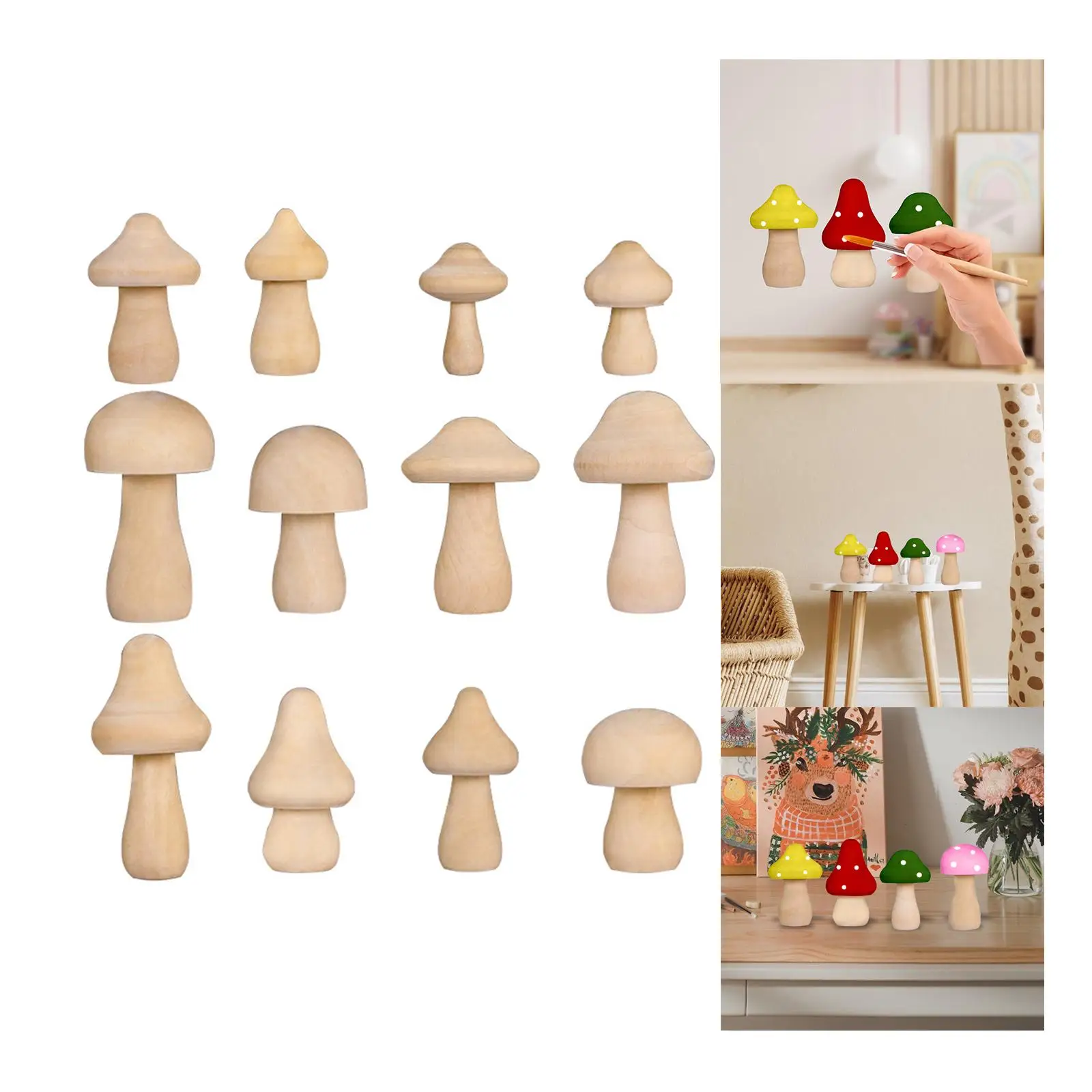 12 Pieces Unfinished Wooden Mushroom Children`s DIY Painted Toys for Arts