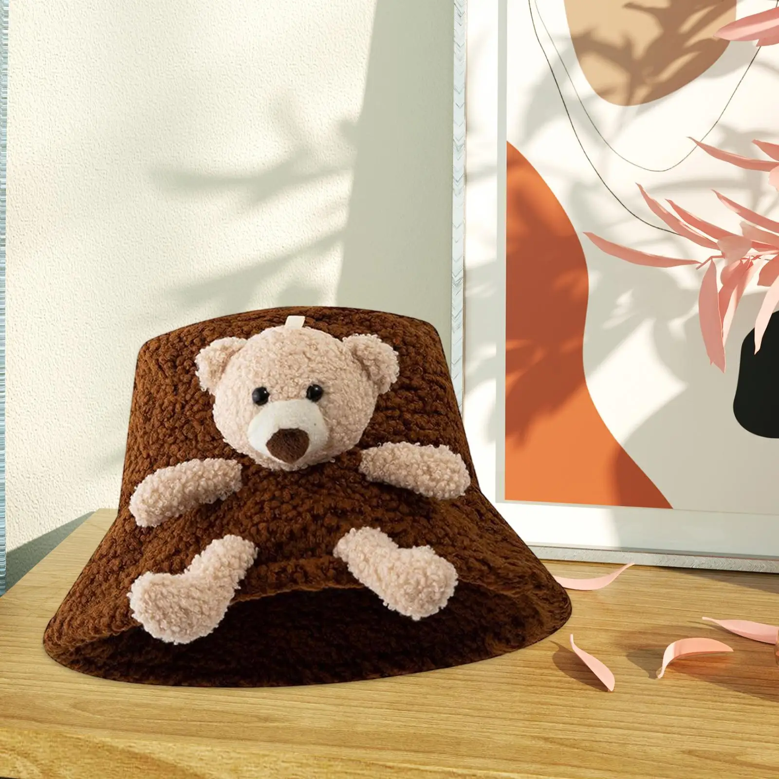 Womens Fleece Bucket Hat 3D Stuffed Bear Wide Brim Warm Fashion Headwear Adjustable Basin Hat Winter Hats for Cold Weather