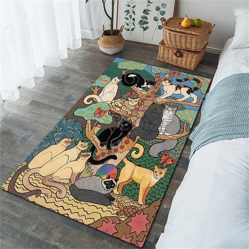 a cat-themed rug printed with many cats sitting on a tree
