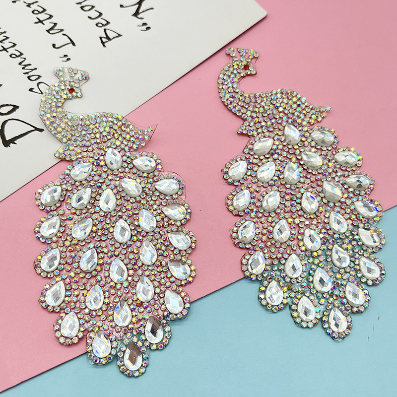 Description Picture 6 of item2pcs/lot 4CM Sparkling Rhinestone Flower Peacock Pattern Clothes Patches Fashion Sequined DIY Appliques Bling Iron On