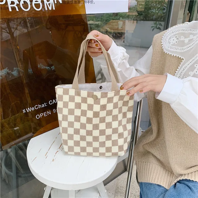 Women Retro Corduroy Shoulder Bag Checkerboard Pattern Canvas