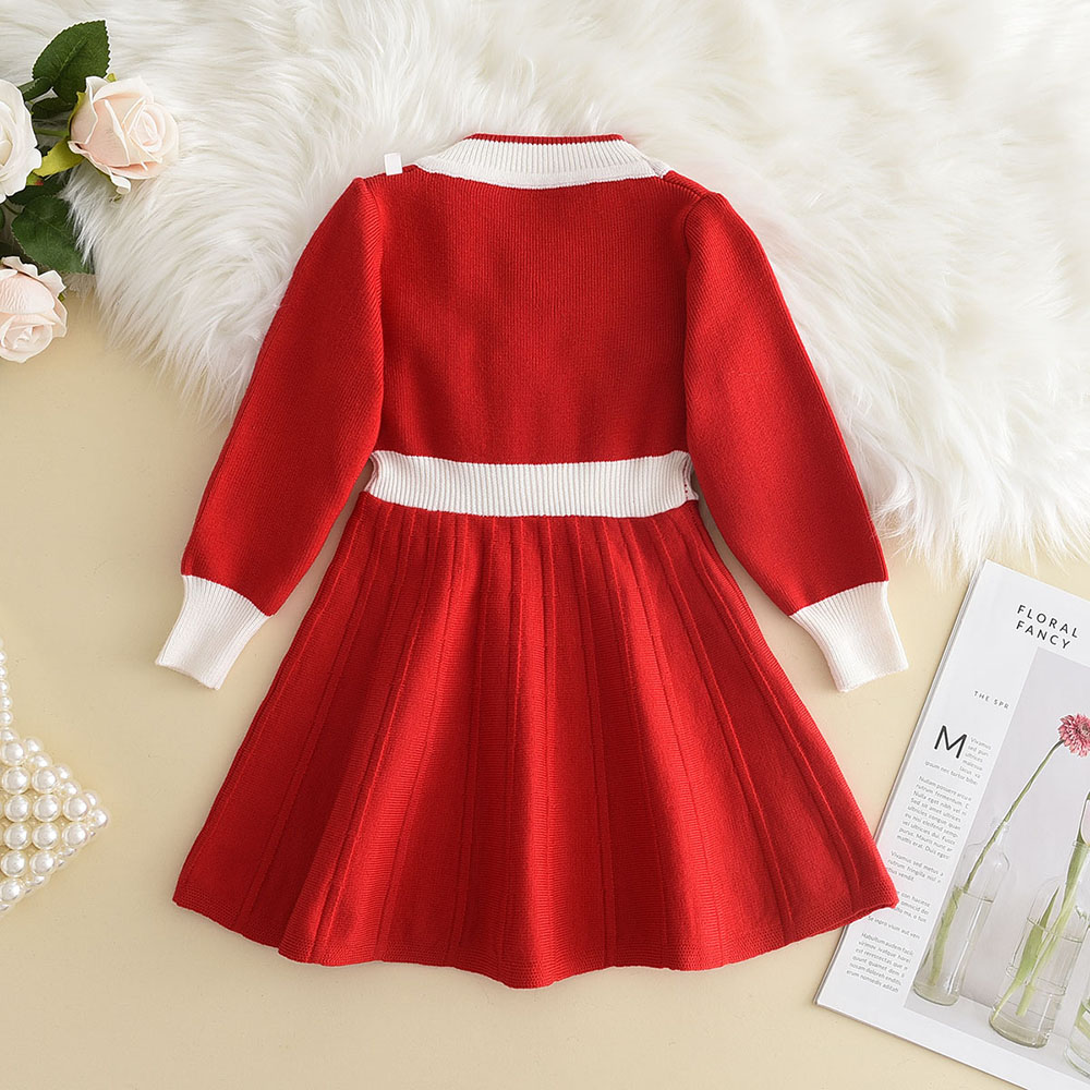 3-7 Jahre Alte Koreanische Version Marineblaues Süßes und Niedliches Mädchenkleid Herbst- und Winter-Strickkleid mit Langen Ärmeln für Kinder – Detail 3
