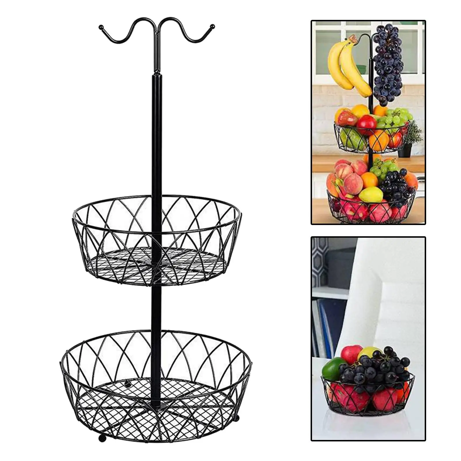 Metal Fruit Basket with Banana Hanger 2 Tier Detachable Display Stand Rack Fruit Bowl for Countertop Home Kitchen