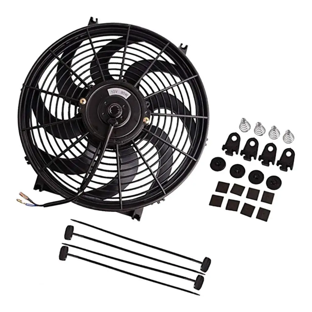Black Slim 14Inch 12V Push / Pull Radiator Engine Bay Cooling Fan + Mounting Kit