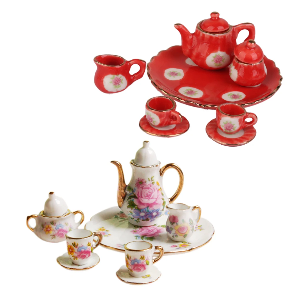 NEW ARRIVAL Children`s Classic Toys 8pcs Dollhouse Miniature Dining Ware Porcelain Tea Set Dish Cup Plate -Pink Rose  HOT SALE
