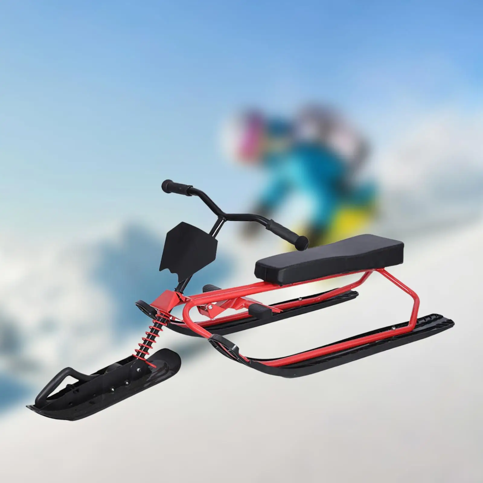 Snow Racer Sled with Steering Wheel and Brake Snow Sledge Durable Metal Ski Car Sleigh Ski Sled for Adult Teens Children