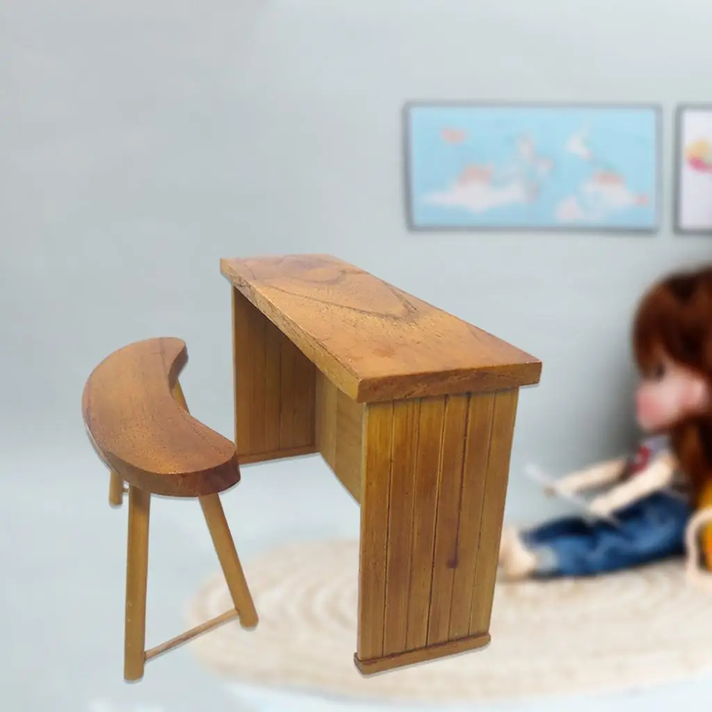 1/12 Doll House Chic Stylish Wooden Desk And Stool Furniture Model Toys
