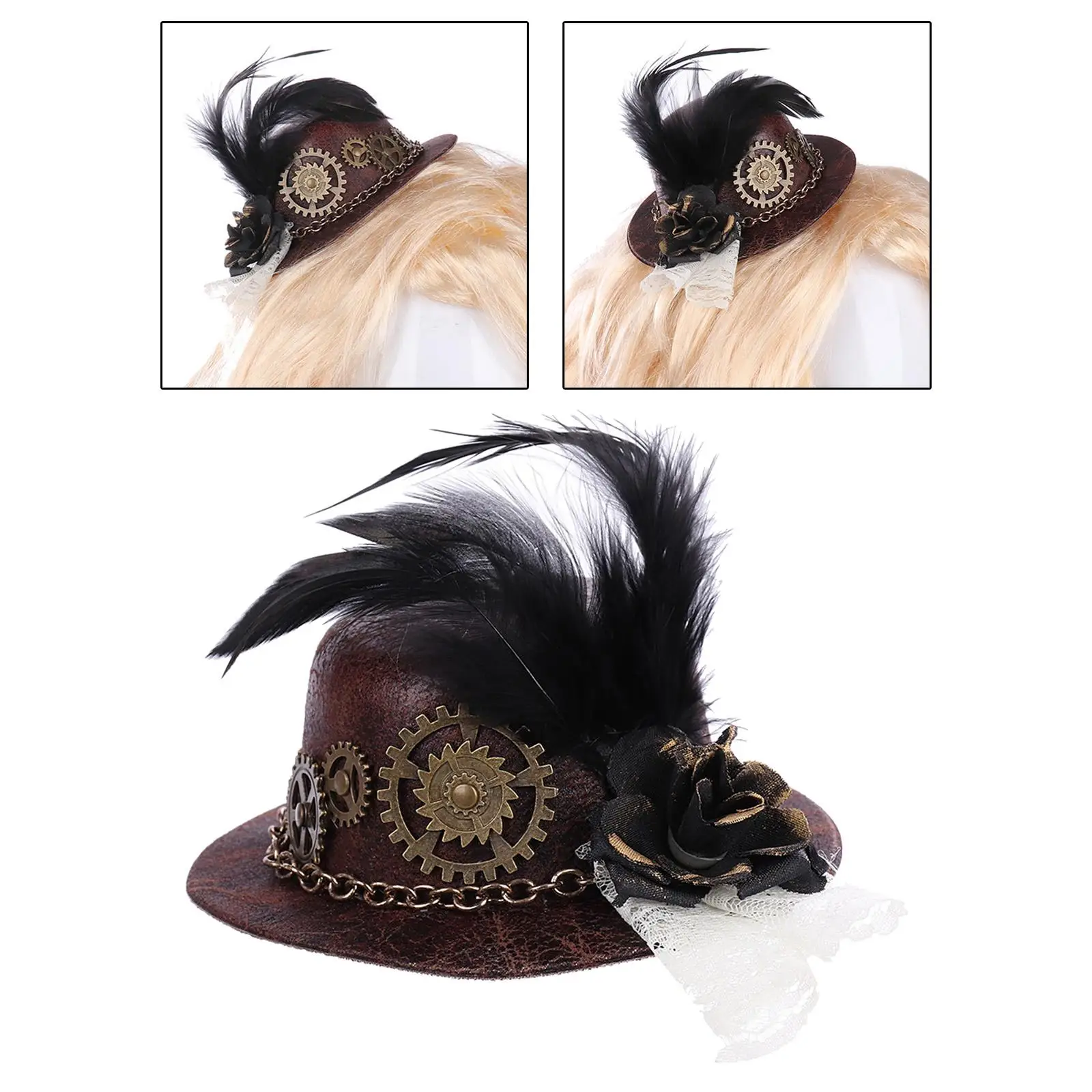 Goth Steampunk Mini Top Hat with Gear Feather Hair Clip, Jazz Hat Cosplay Costume Hat Renaissance Costume Halloween Accessory