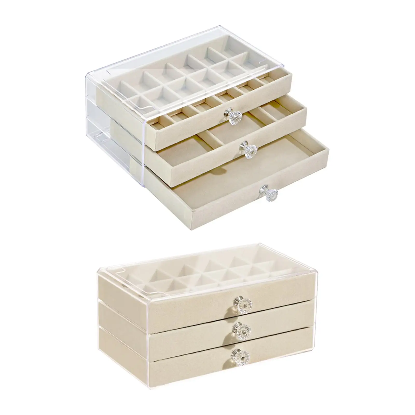 Jewelry Storage Box with 3 Drawers Transparent Cover Jewelry Organizer for Dresser, NightStand Stylish Beige 9x5.3x4inch