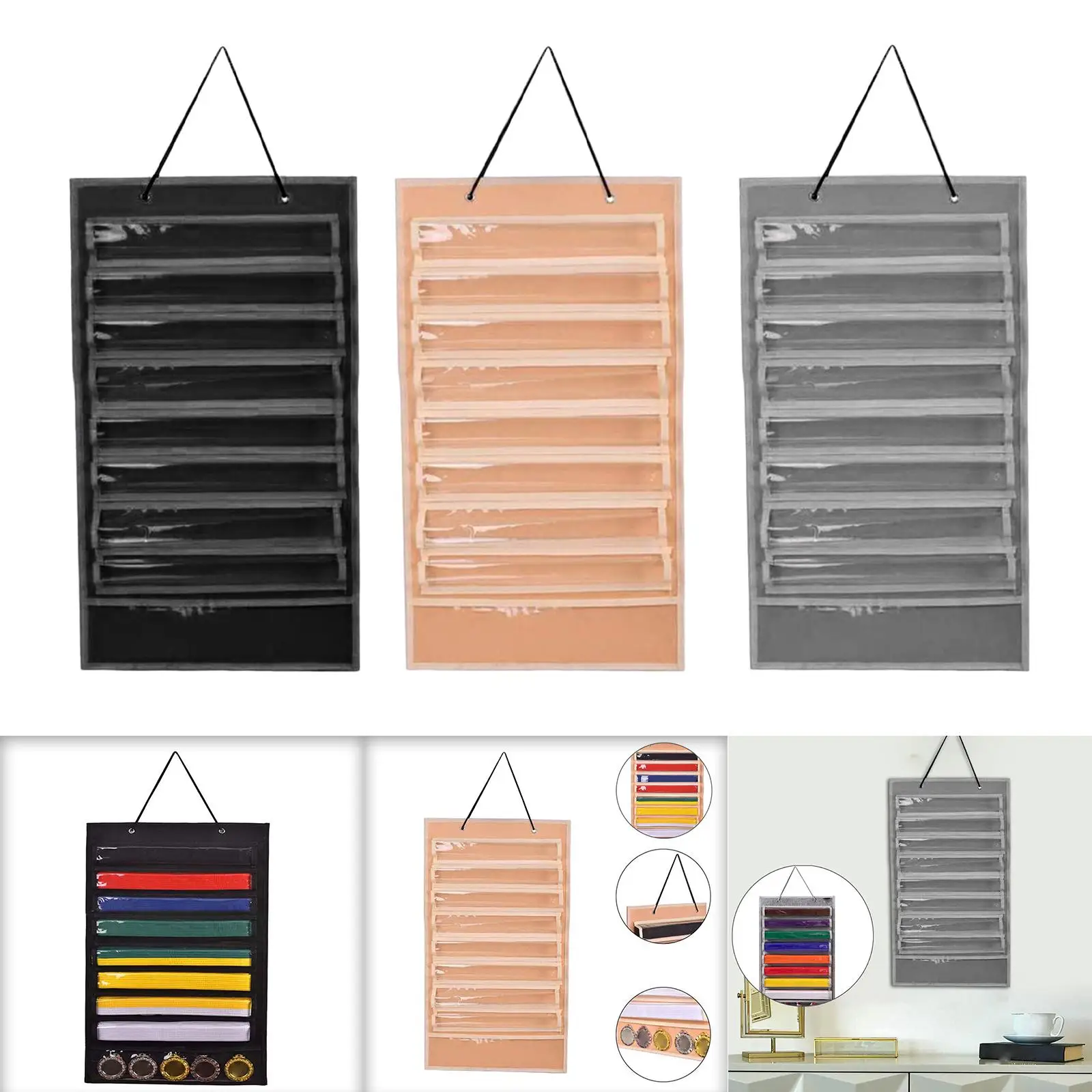 Belt Display Holder Dust Rack Martial Arts Belt Display for Eight Belts 5 Medals