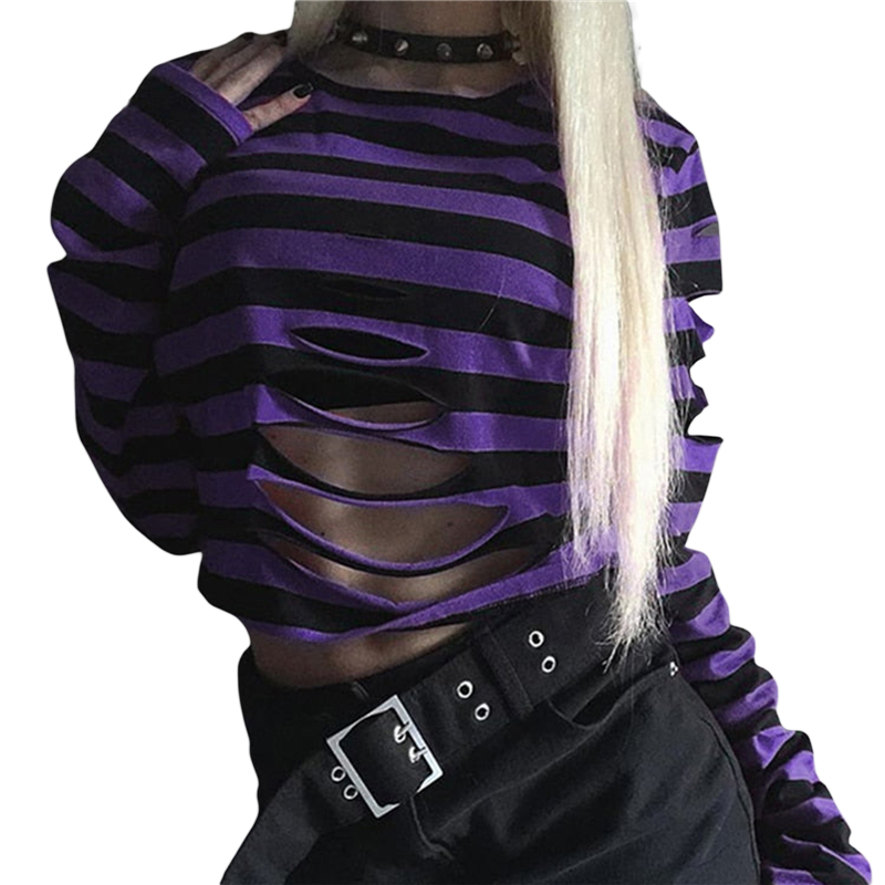 Camiseta Cyber Punk Y2K de los años 2000 para mujer, de rayas, cuello redondo, manga larga, con agujero, ropa gótica, camisetas E-girl, ropa de calle