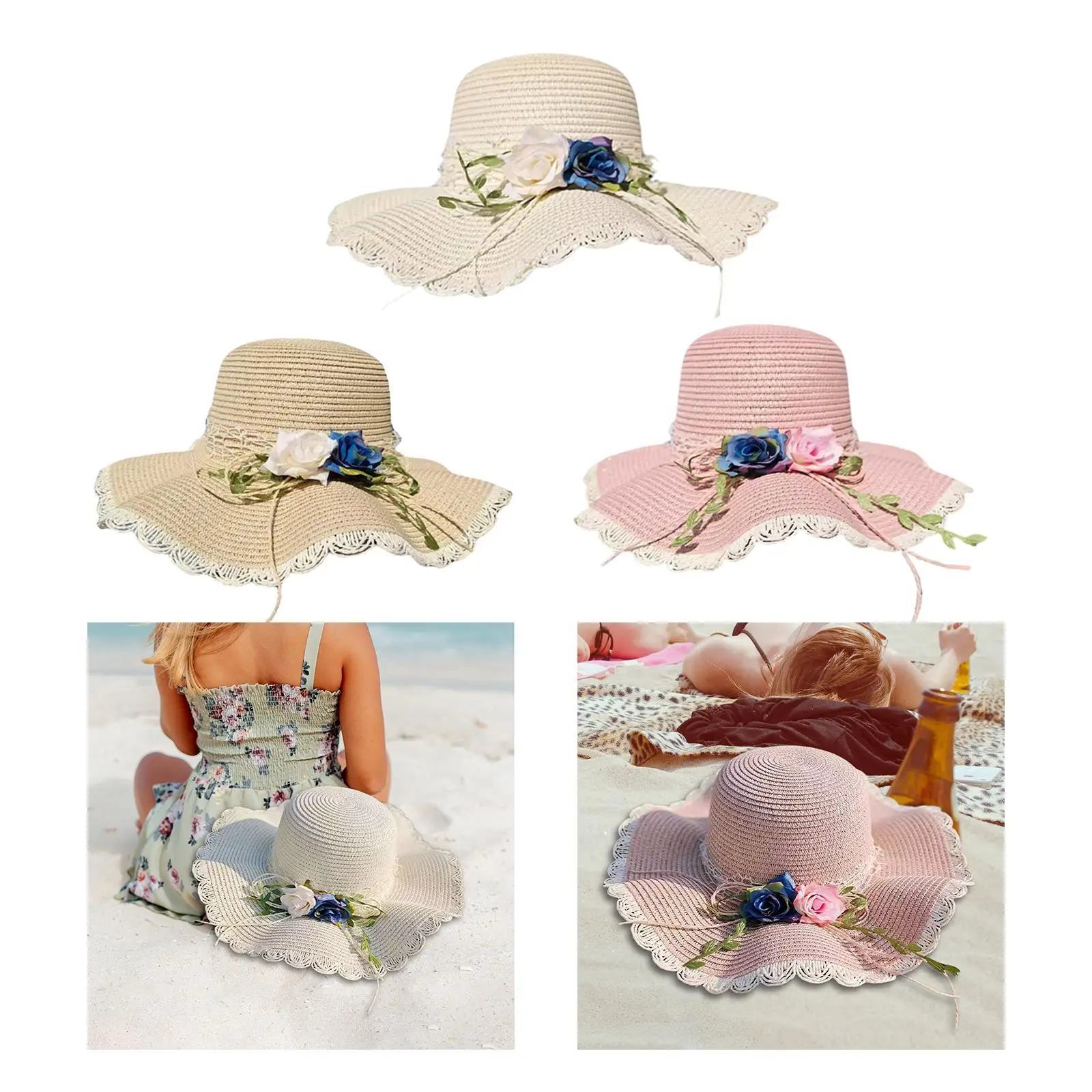 Women Wide Brim Straw Hat Macrame Romantic Breathable Trendy Portable Ladies Hats Summer Women Hats Summer for Travel Holidays