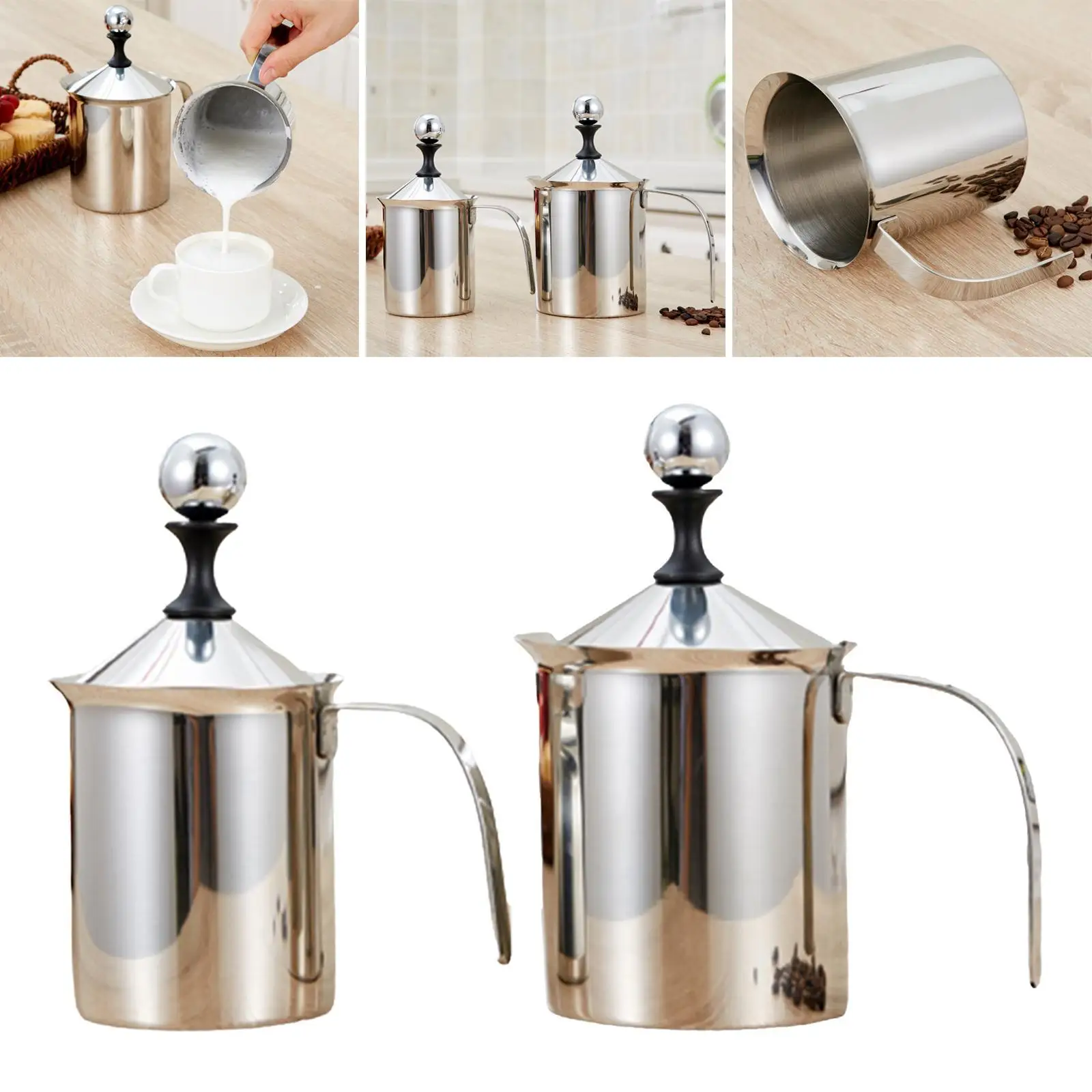Stainless Steel Manual Milk Frother with Handle Lid Foam Maker Milk Creamer