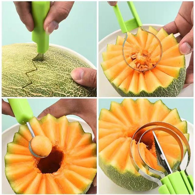 Set 4 Coupes Pastèque 3-en-1 - Couteau, Fourchette Et Cuillère Parisienne Pour Fruits - Acier Inox