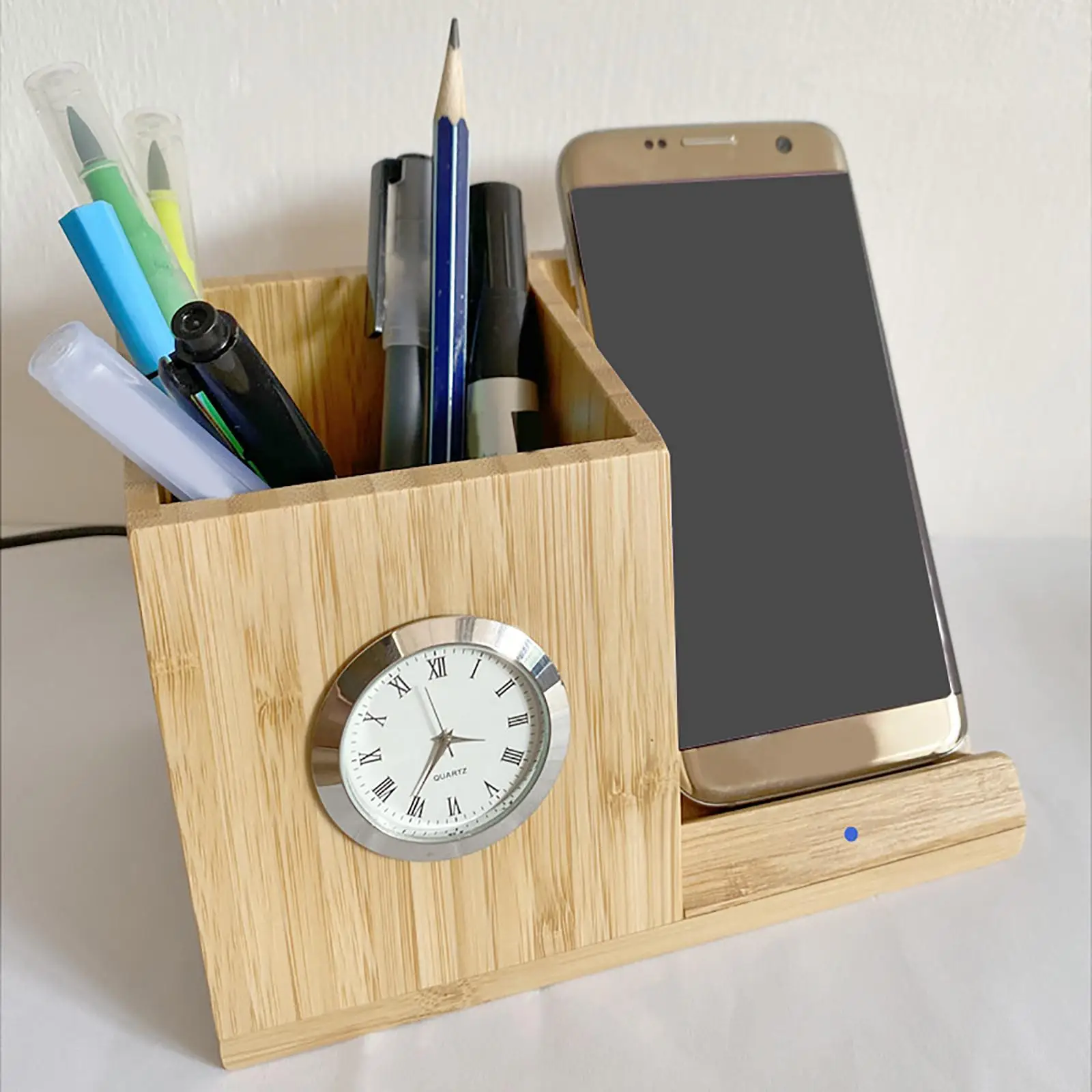 1x Wireless Charger 10W Pen Holder W/ Clock Bamboo Wood 4in1 Multifunction Durable Phone Charging Station for Pencil Storage
