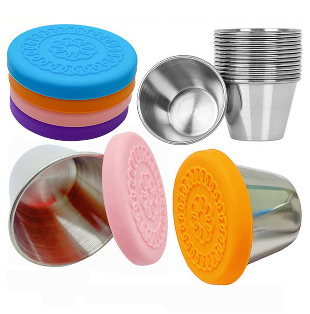 Stainless Steel Sauce Cups with Silicone Lids Reusable for Dipping