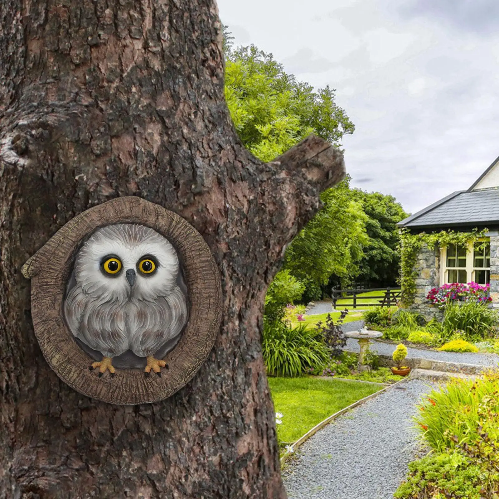 Resin Owl Sculpture Tree Ornament 7x2x7inch Water Resistant for Garden, Trees or Wall Easily Install Multifunctional Cute