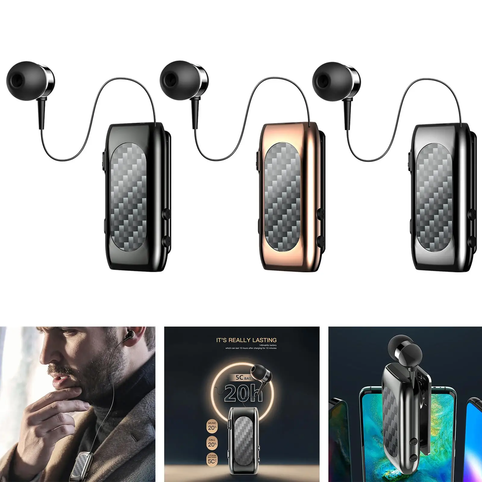 Retractable Bluetooth 5.2 Lavalier Earphone Portable with Clip Hands Free Stereo Wireless Earbud for Running Workout Office Gym