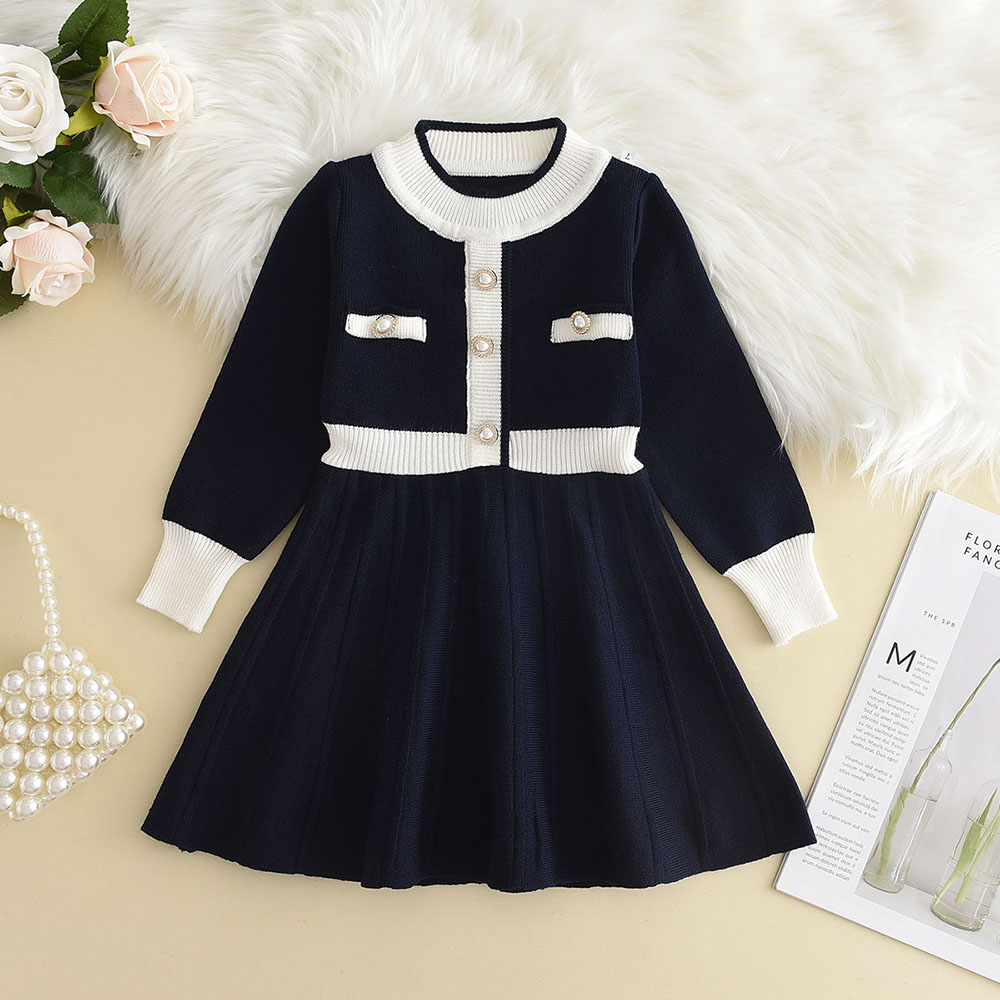 3-7 Jahre Alte Koreanische Version Marineblaues Süßes und Niedliches Mädchenkleid Herbst- und Winter-Strickkleid mit Langen Ärmeln für Kinder – Detail 4
