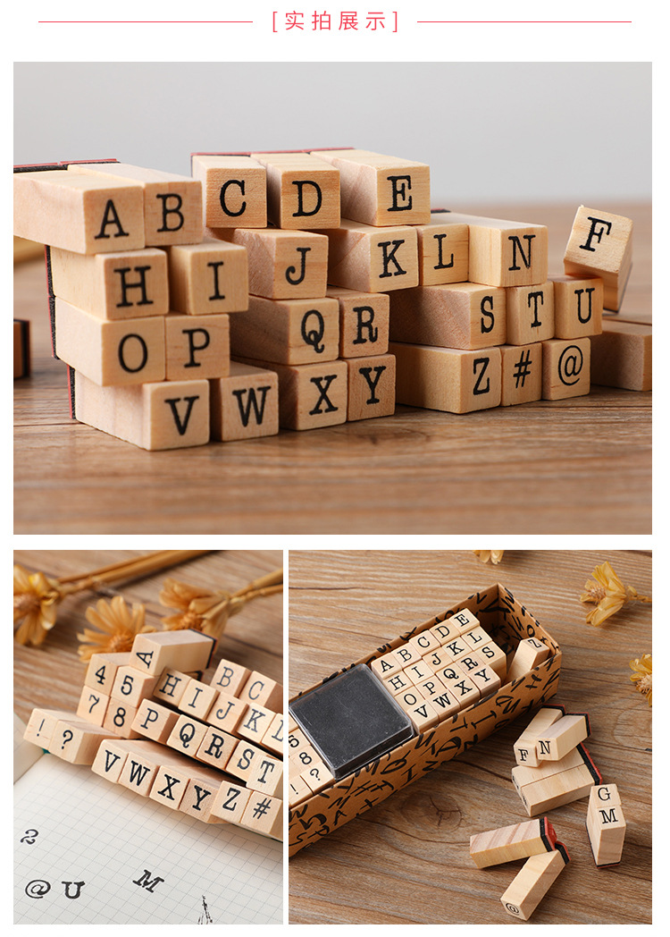 Grundlegendes Tagebuch-Set, Schreibmaschinen-Zahlen- und Buchstabensiegel, DIY-Tagebuch, Holzsiegel, 40-teiliges sortiertes Stempelset – Detail 5