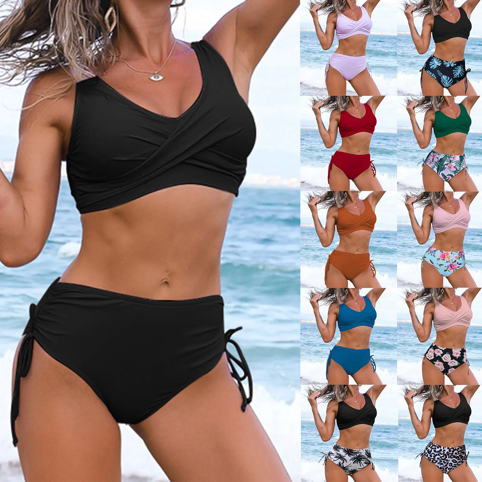 plus size swimwear Fashion Sexy Solid Woman Bikini Sets Solid Black Color Sexy Sport Hihg Waist Woman Summer Beach Suit Simple Swimsuit plus size bikini sets