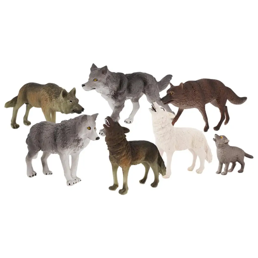 7 Pieces Wolf Figurine Toy Preschool Toy Tabletop Decoration Miniature Wolf Animal Model Jungle Animal Set for Ages 3+