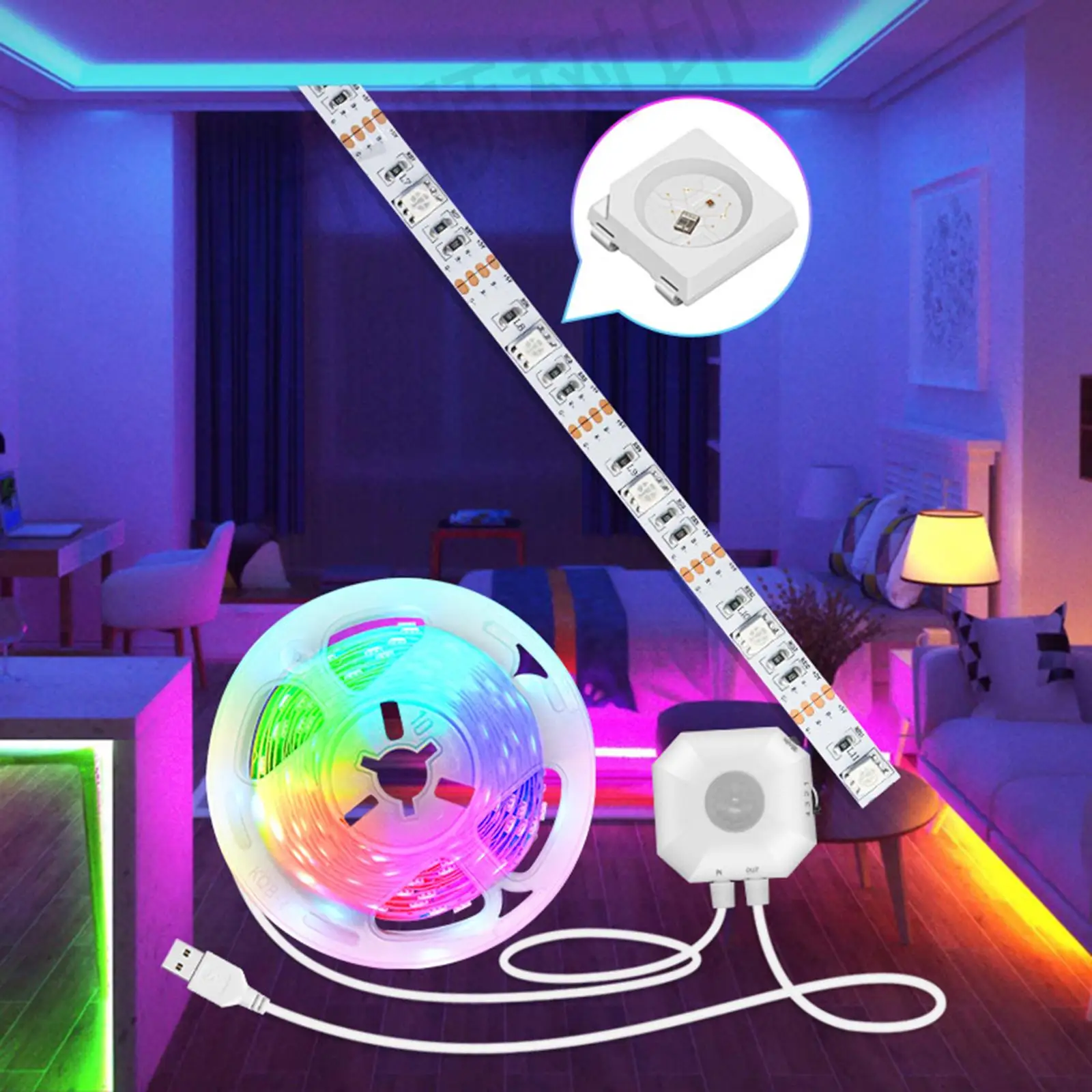 RGB 5050 LED Strip Lights Motion Sensor Kitchen Color Changing Bedroom App Control Home TV Backlight USB Powered RGB Stairs