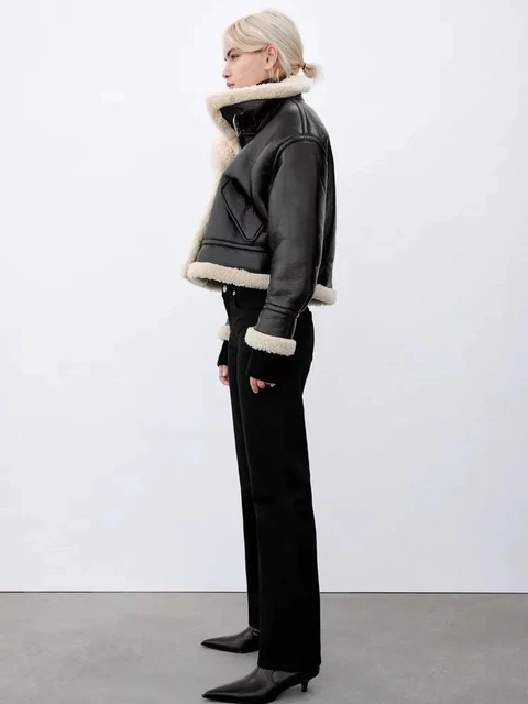 T MODA Women Fashion Thick Warm Faux Leather Shearling Jacket Coat