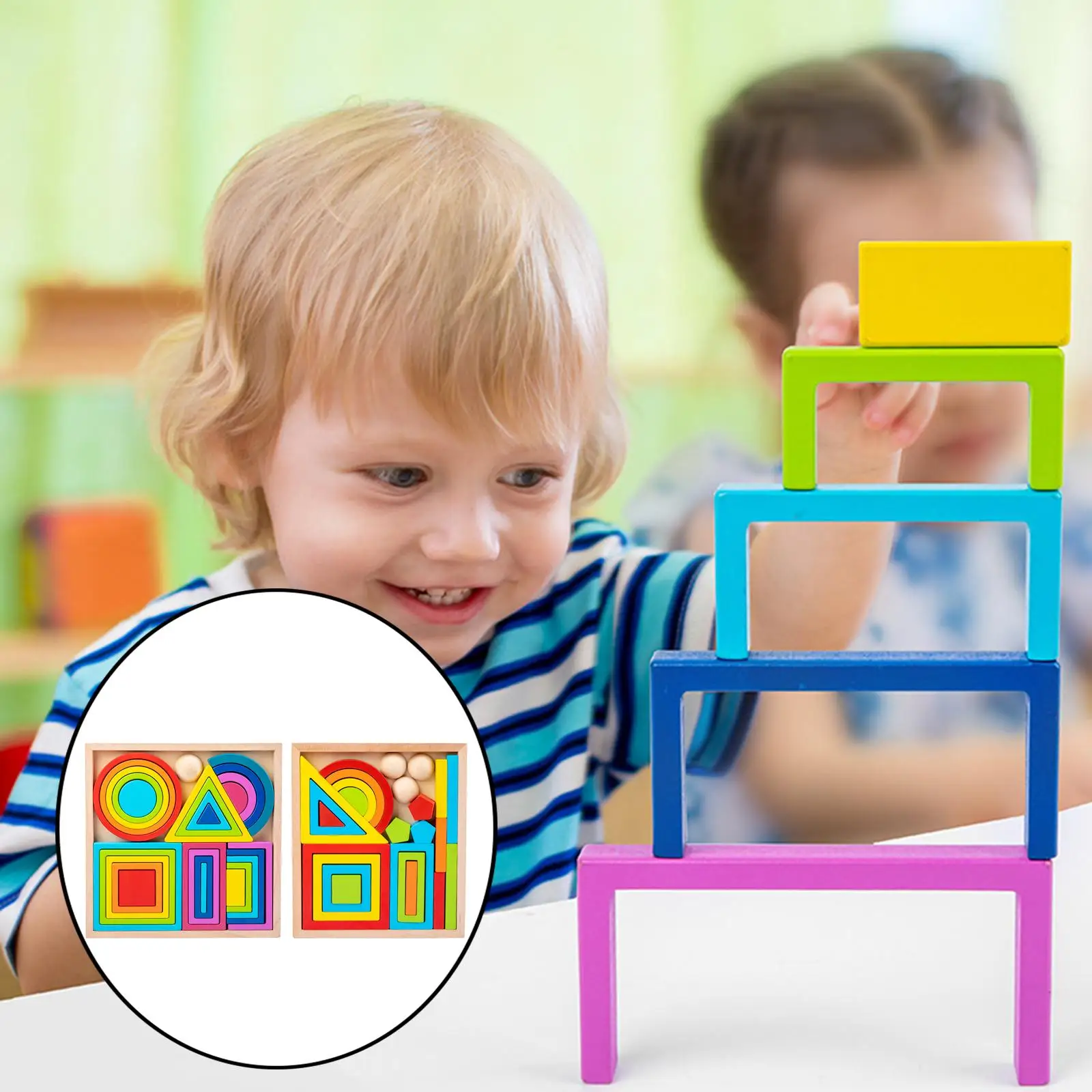 Wood Rainbow Nesting Building Blocks Stacker Toys Educational Toys Age 3+