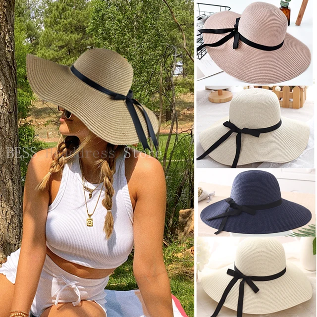 New Simple Foldable Wide Brim Floppy Girls Straw Hat Sun Hat Beach Women Summer Hat UV Protect Travel Cap Lady Cap Female 15