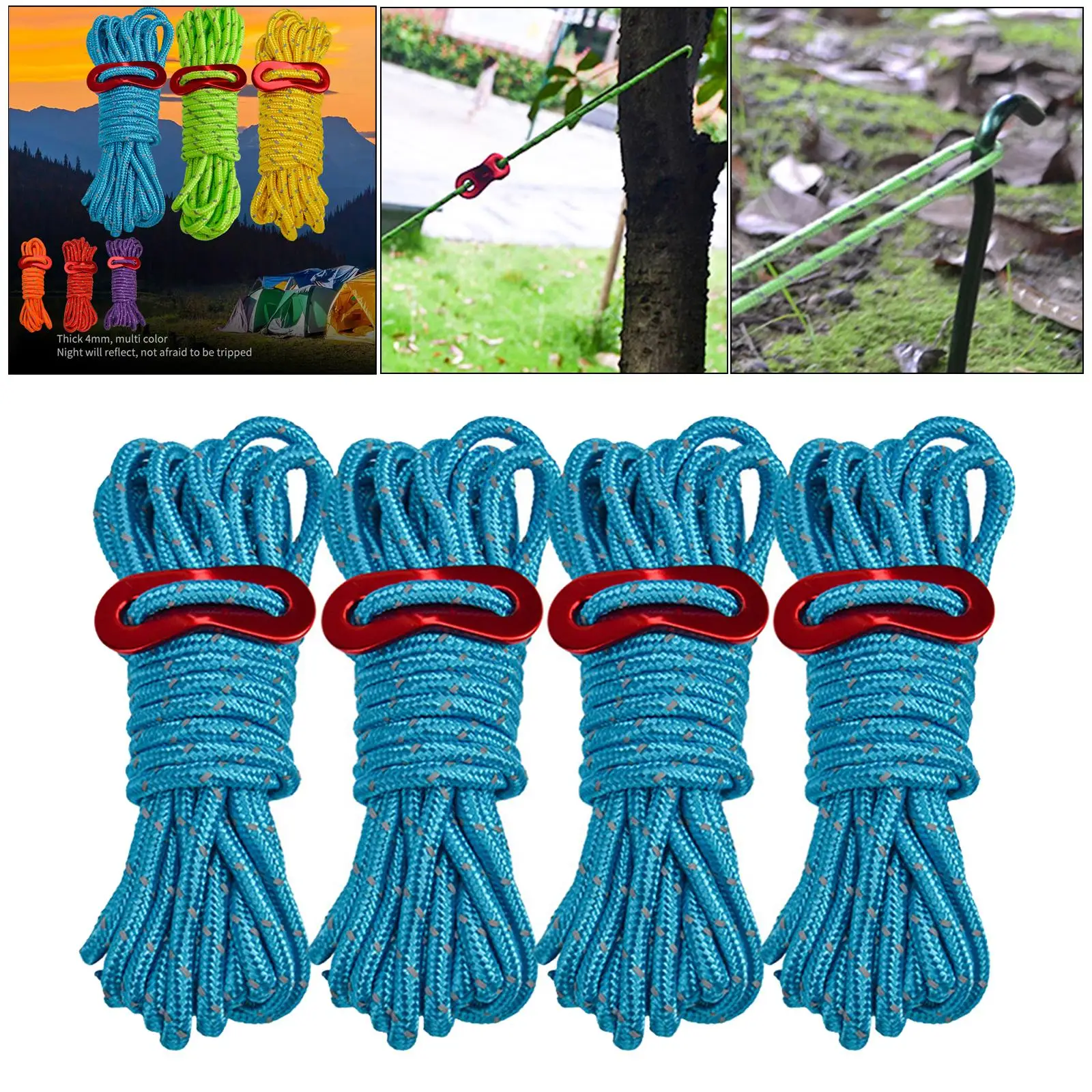 Guy Ropes, 4 Pack 4mm Tent Guy Line 13 Feet Reflective Cord Guy Line Tent Guide Rope for Awning Camping Hiking BBQ Grills