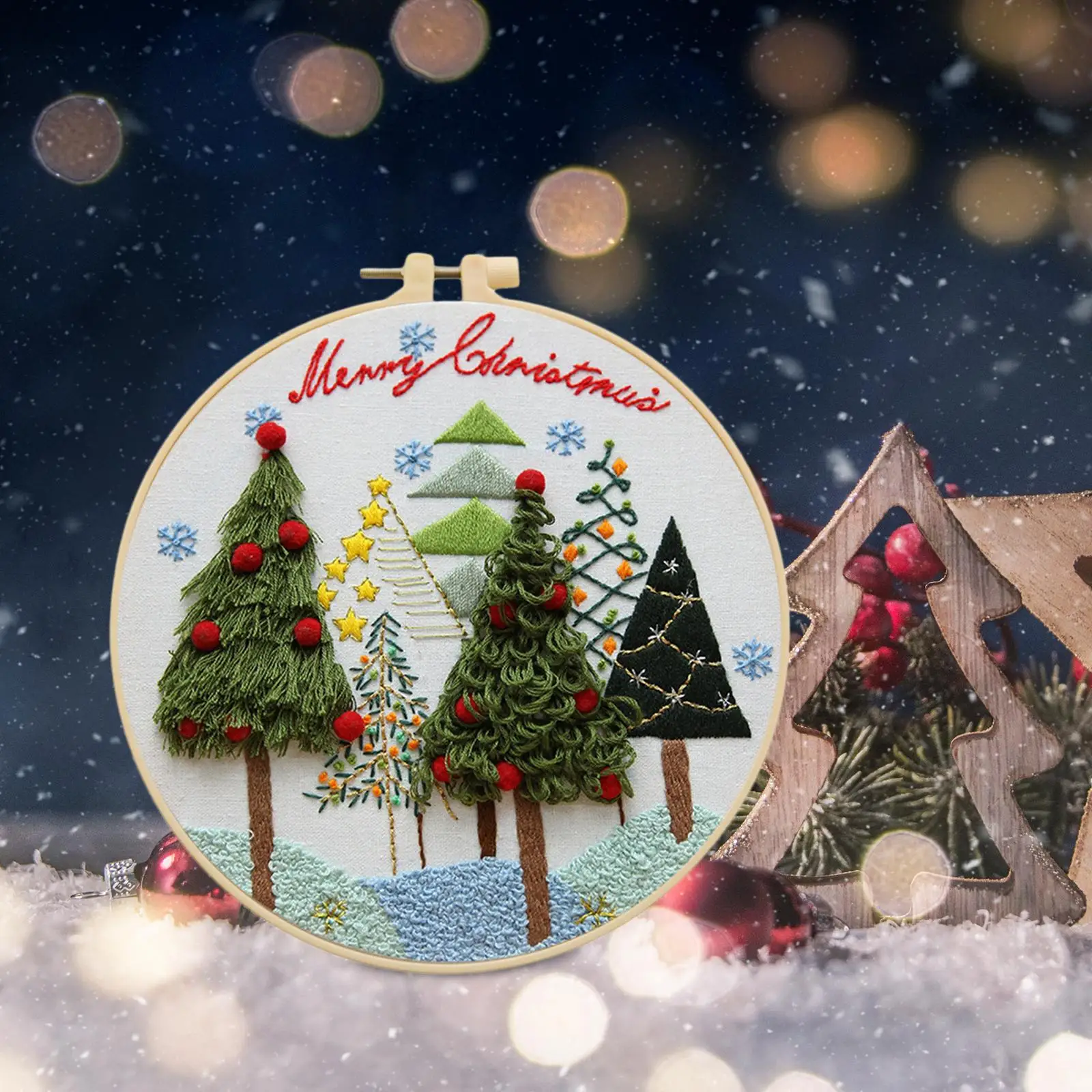 Christmas Embroidery for Starter Needlepoint Set DIY Hanging Painting with Round Photo Frame Cross Stitch Material Package