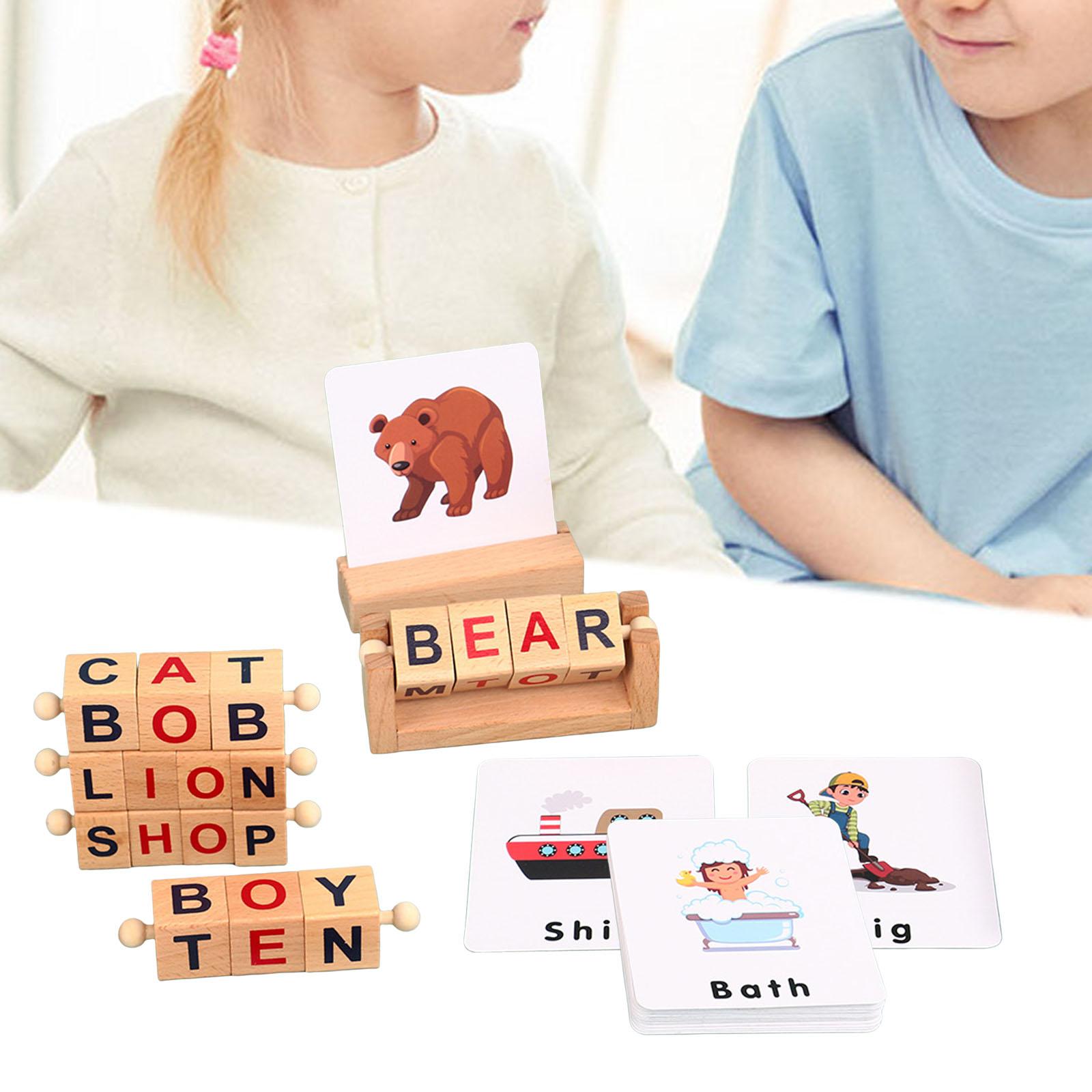 Wooden Reading Block with Word Cards Gift Simple to Using Letter Spelling Block for Christmas Children`s Day Birthday