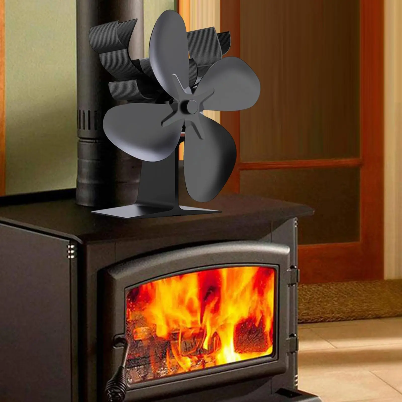 Xmas Wood Burner Fireplace Fan Logs Stove Fan, Heat Powered 18x9x18cm Multipurpose Eco Friendly Silent Running Black Color